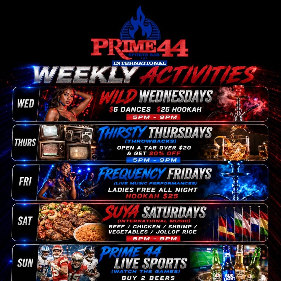 A flyer for Prime 44 Sports Bar, detailing weekly activities from Wednesday to Sunday.