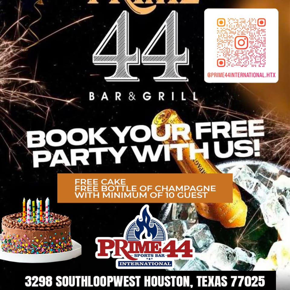 Promotional flyer for Prime 44 Bar & Grill, featuring a birthday cake, champagne, and sparklers.