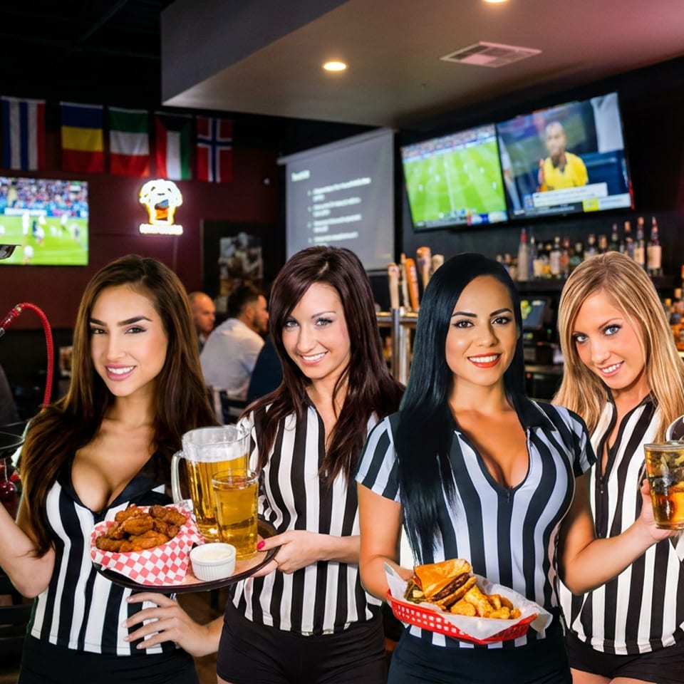 Four women in striped referee shirts holding trays of food and drinks in a sports bar.